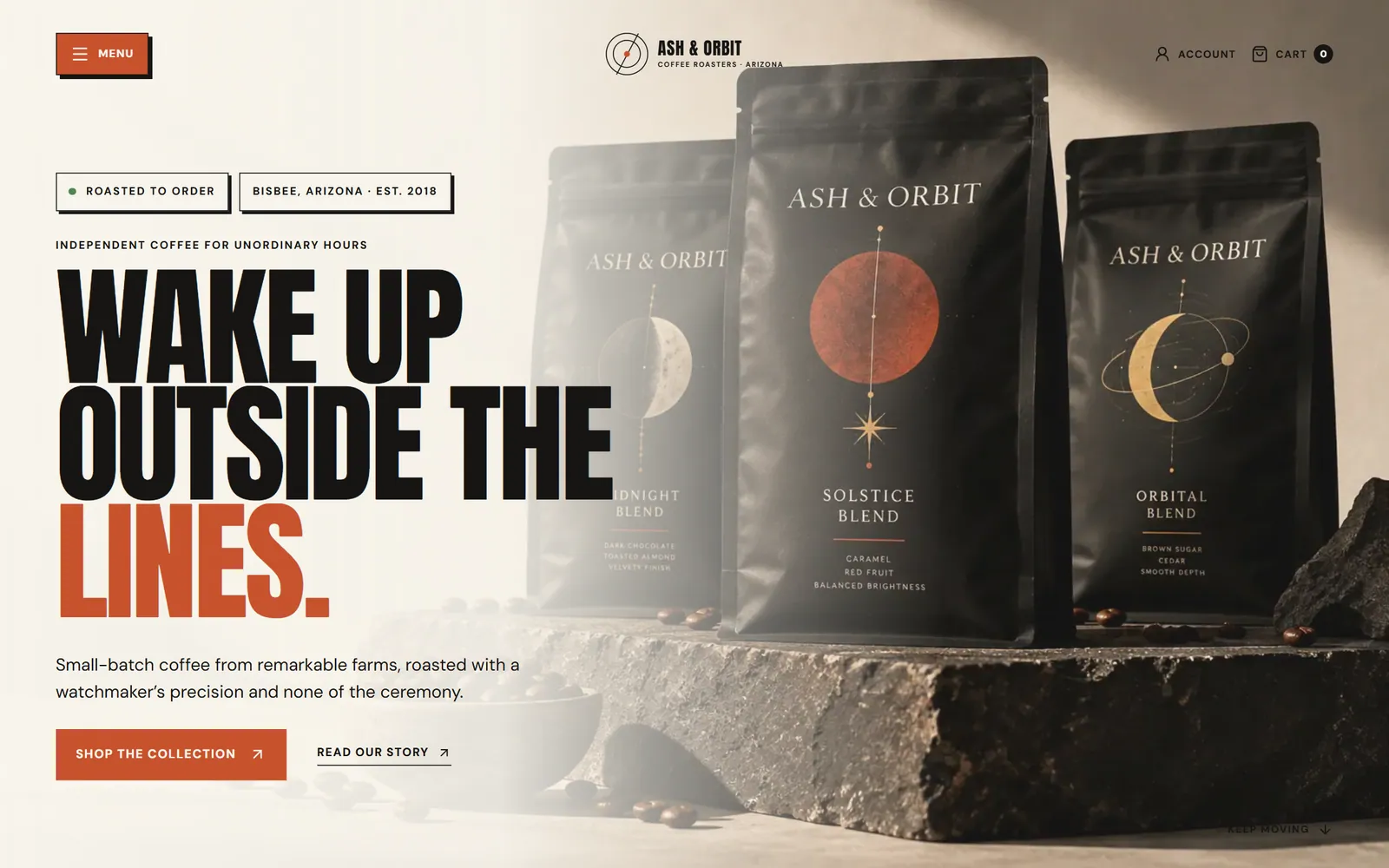 Ash & Orbit home page: the headline "Wake up outside the lines" beside three coffee bags on a stone shelf