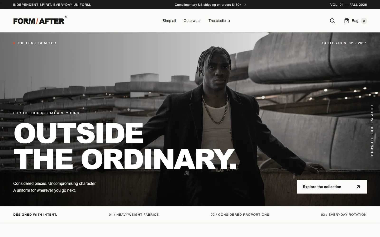 FORM / AFTER home page: the wordmark and "Outside the ordinary" headline