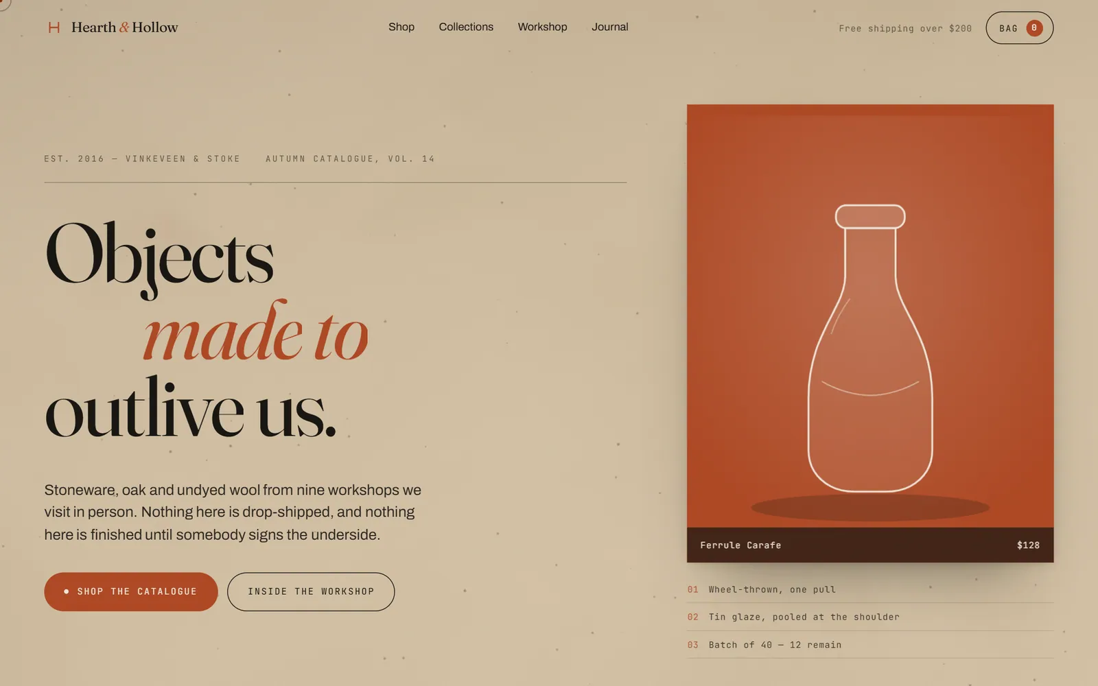 Hearth & Hollow home page: "Objects made to outlive us" beside an illustrated carafe on a terracotta field