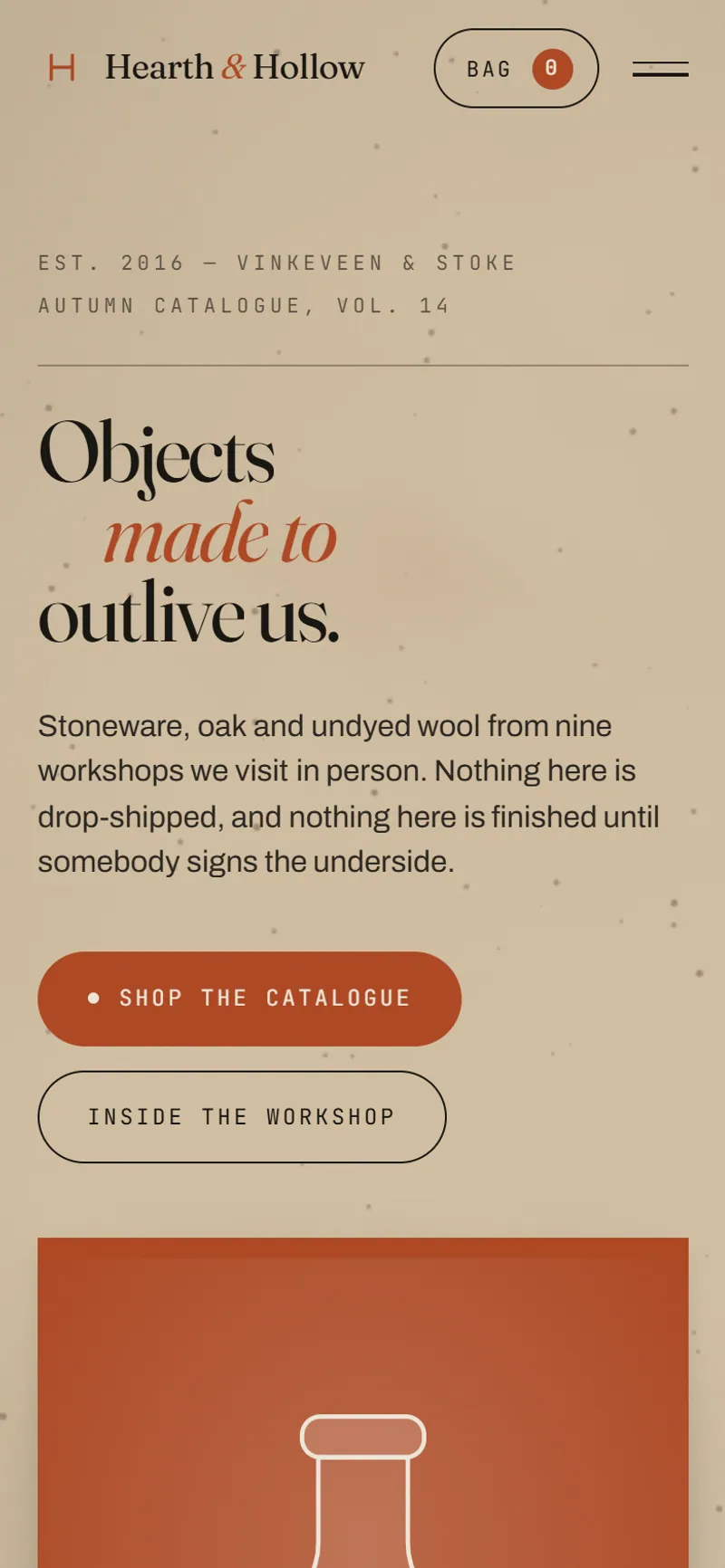 Hearth & Hollow home page on a phone