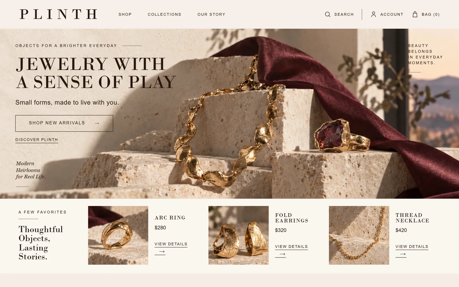 PLINTH home page: "Jewelry with a sense of play" over gold jewelry on stone plinths